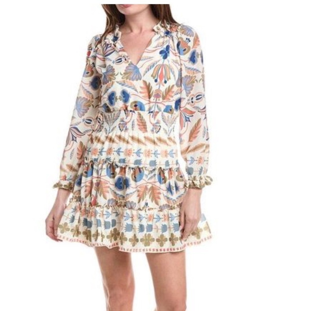 Sail to Sable STS Floral Tassel Tie Tiered Mini Dress Blue Gold Large